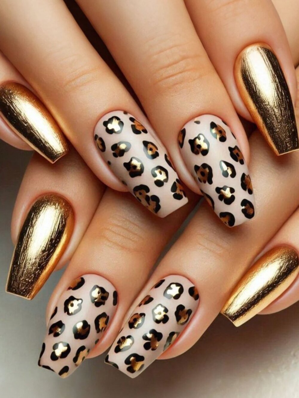 Long Coffin Press-On False Nails Gold Leopard Print  - 24 pcs - NEW